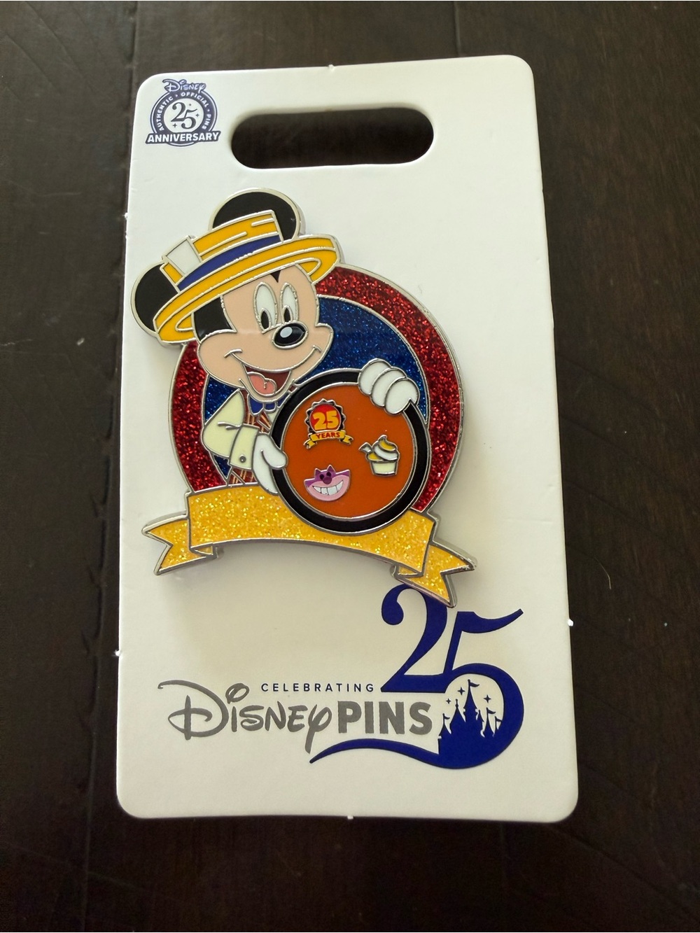 New Disney 25th Anniversary Mickey Mouse Glitter Pin - Yellow, Red, Blue